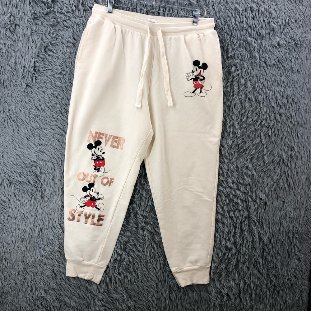 Disney Joggers Womens XL Mickey Mouse Never Out of Style Drawstring Waist Cream
